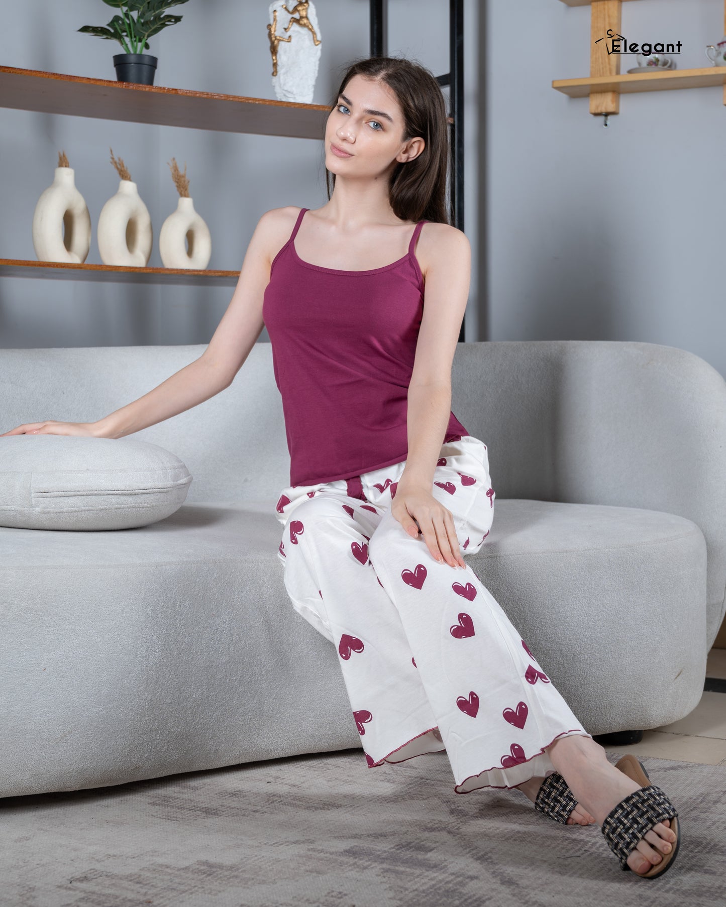Straps PJs Pants Cotton - Burgundy Minimal Hearts