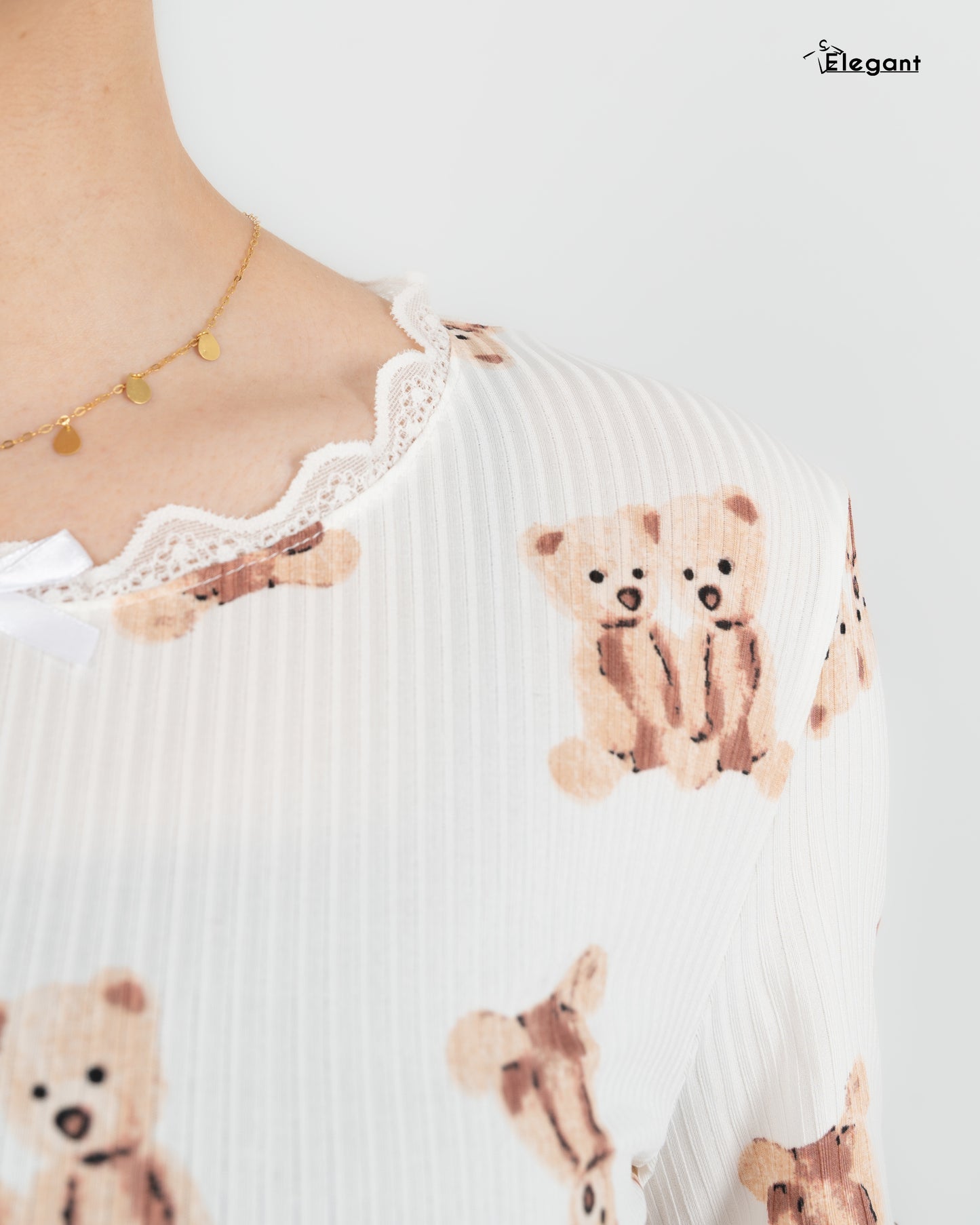 Ribbed PJ Pants V Neck SS - Offwhite Teddy Bear