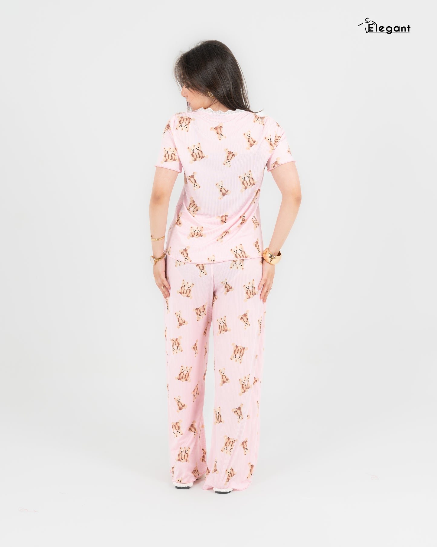 Ribbed PJ Pants V Neck SS - Rose - Teddy Bear