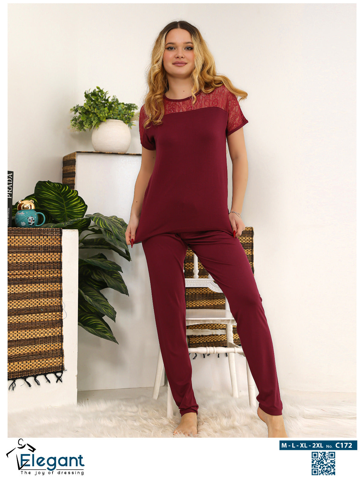 PJ Pant Viscose with Shoulder Lace - Burgundy