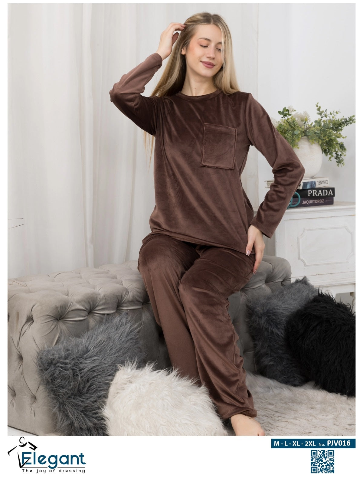 بيجامة مخملية بجيوب واسعة - بني