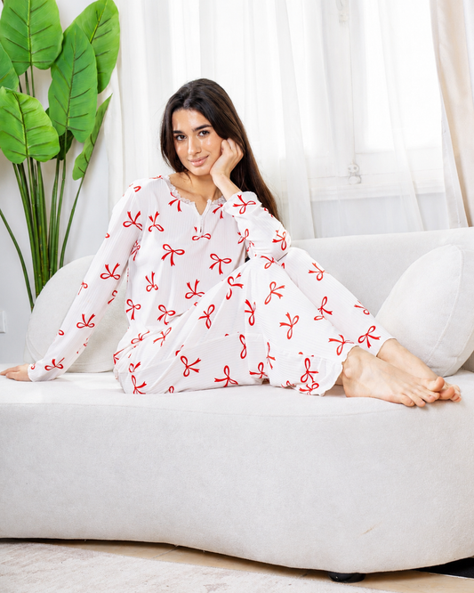 Ribbed V Neck PJ LS Offwhite - Charming Bow