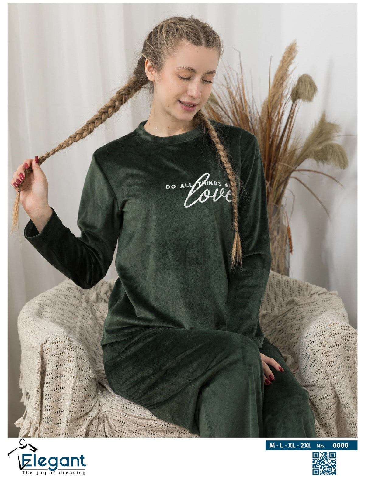 WIDE LEG Velvet Embroidery Pyjama - Emerald Green - Do all things with Love
