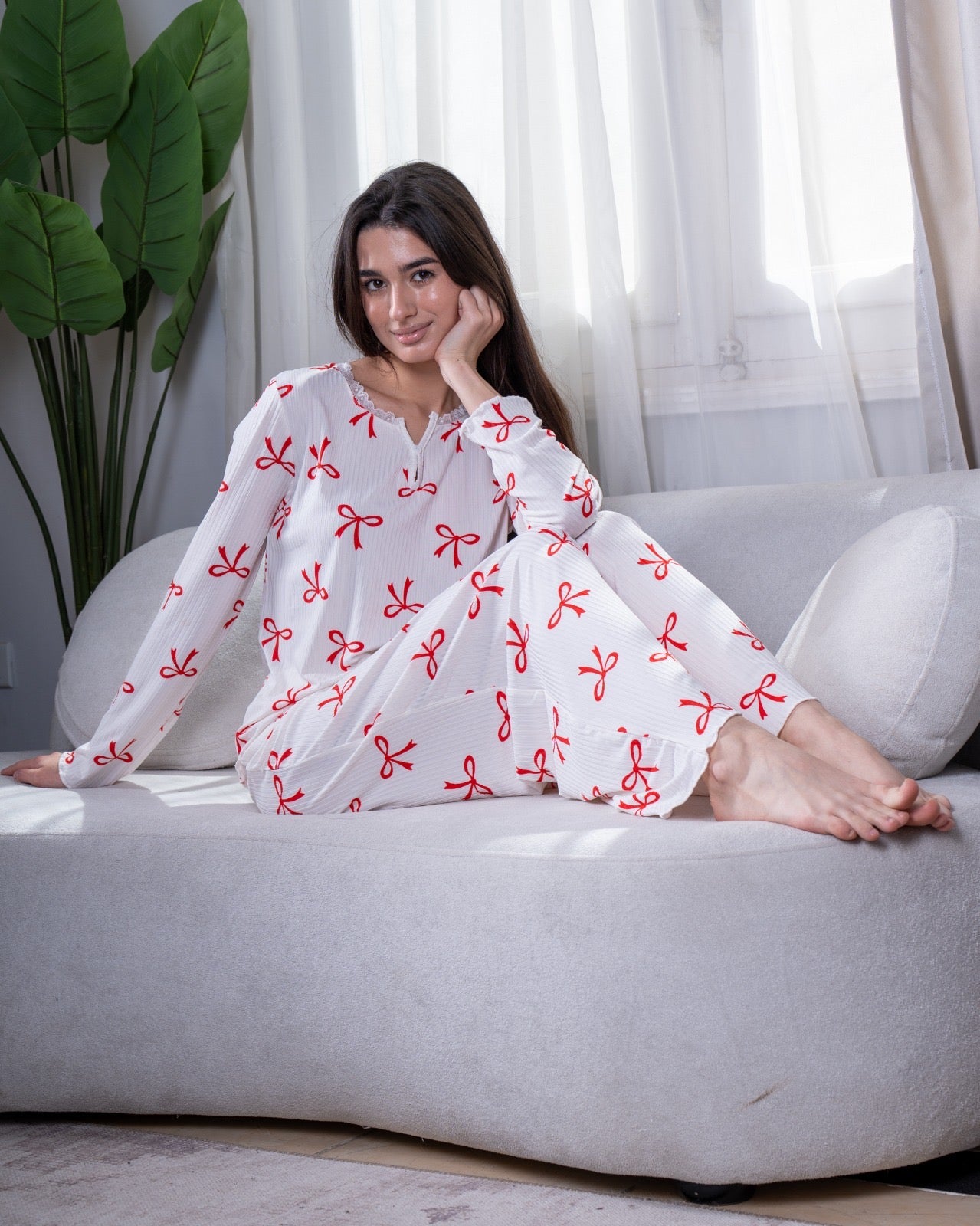 Ribbed V Neck PJ LS Offwhite - Charming Bow