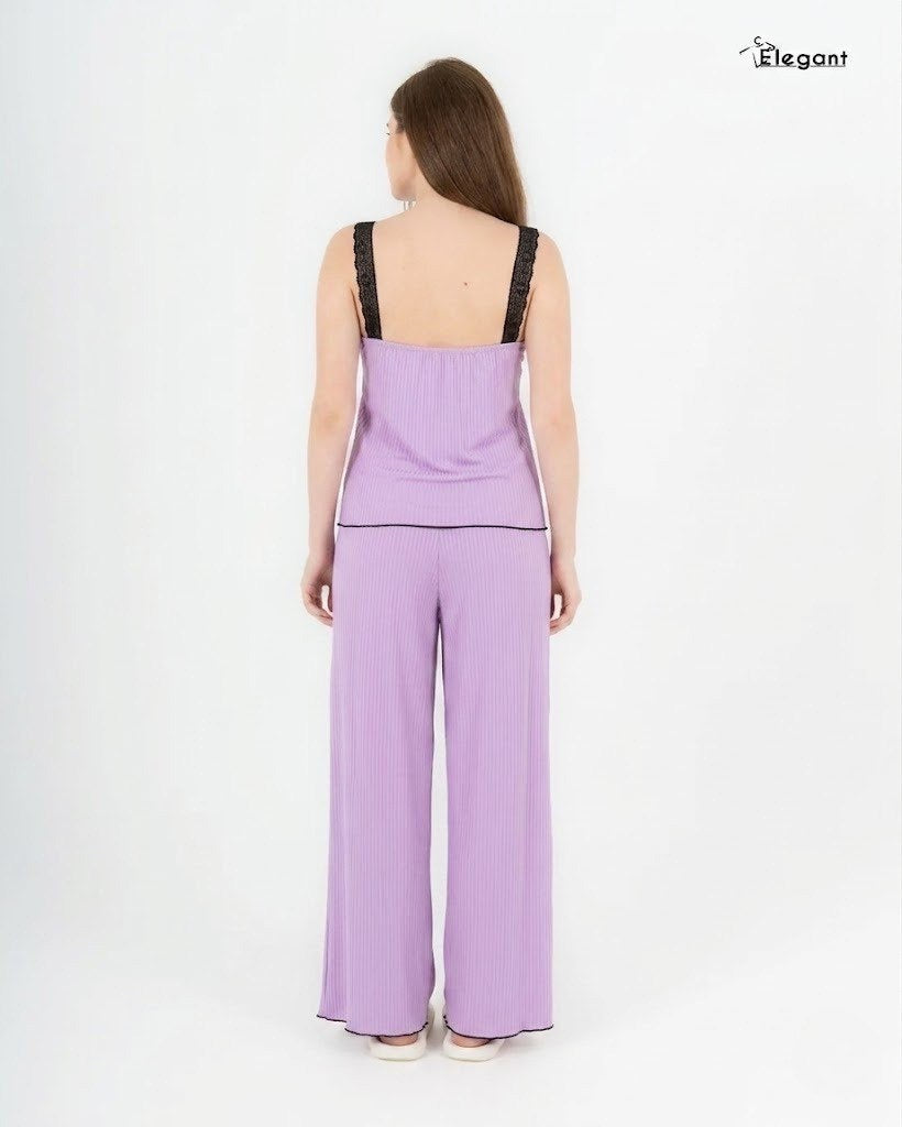 Straps Ribbed PJ Pants - Contrasted Black trims - Lavender