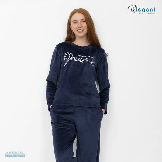 WIDE LEG Velvet Embroidery Pyjama - Navy-Follow Your Dreams
