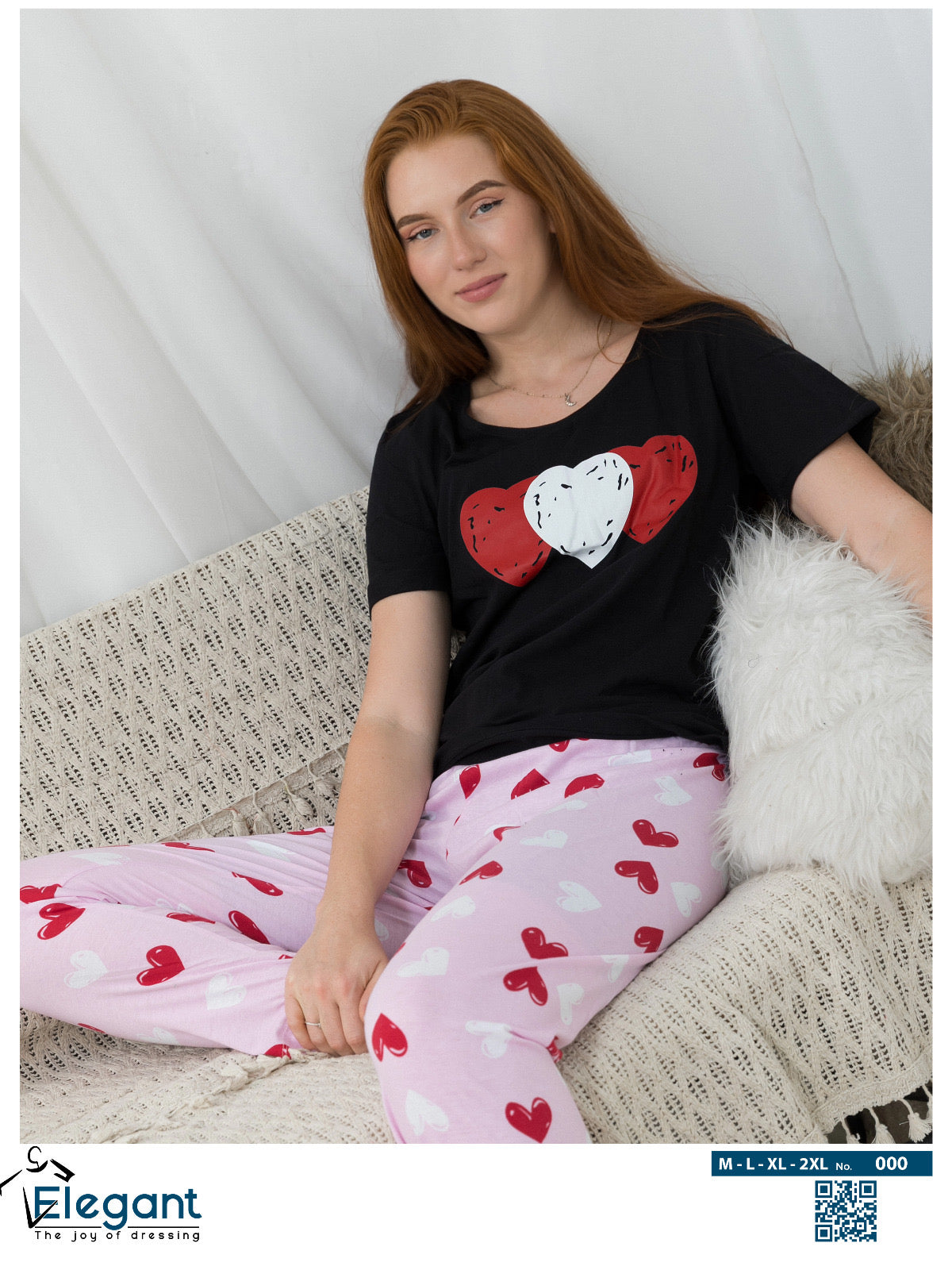 PJs Pants Cotton Black - Rose hearts