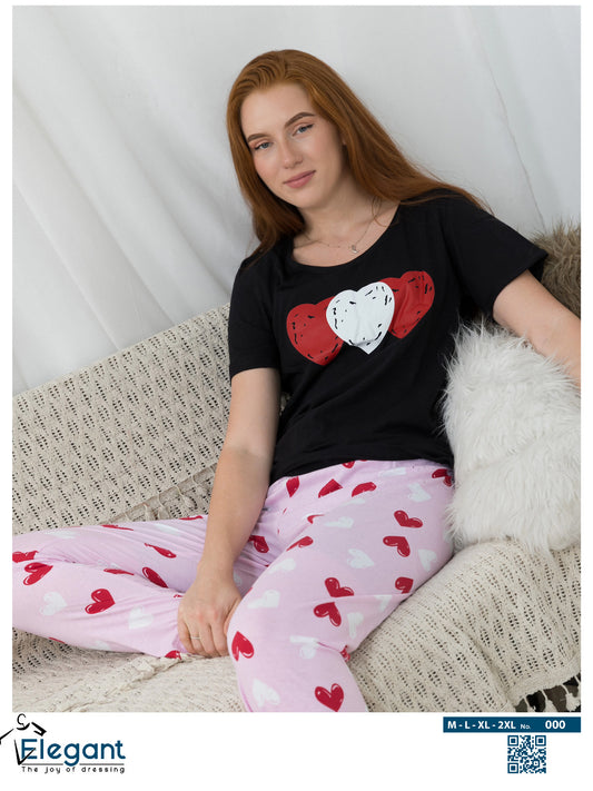 PJs Pants Cotton Black - Rose hearts