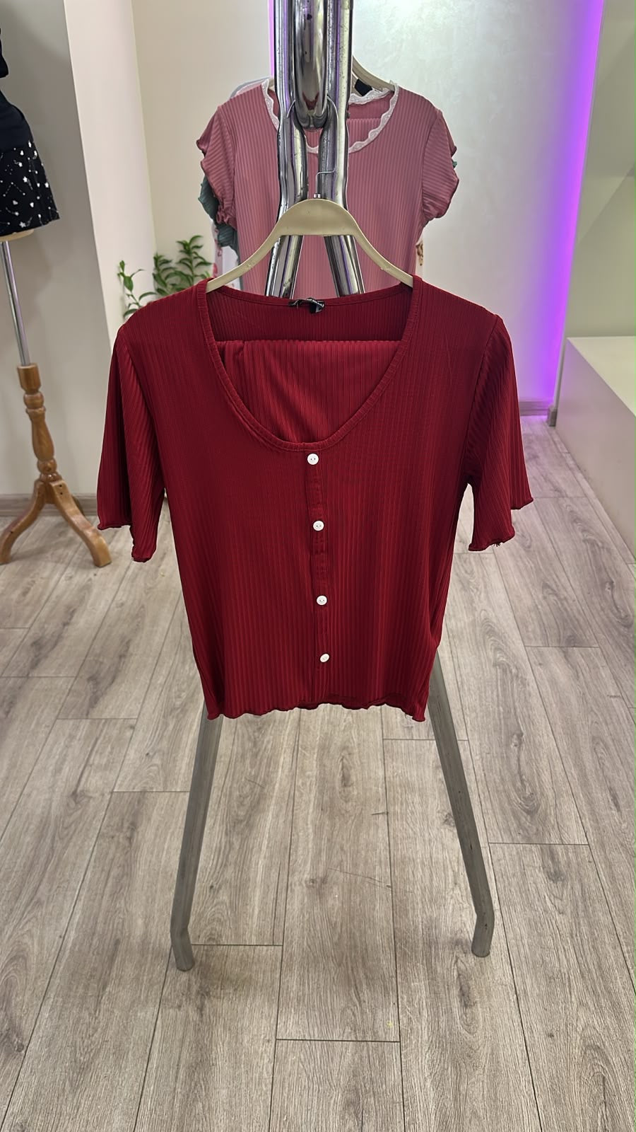 Ribbed PJ Shorts, Buttoned - Ruby Red