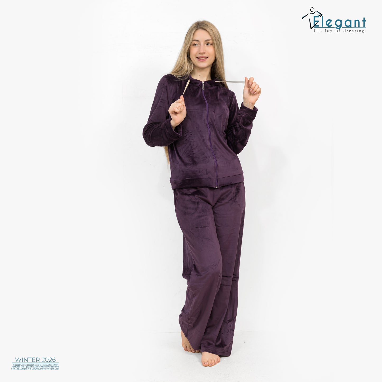 Velvet Zipper Wide Leg with Hood - Purple