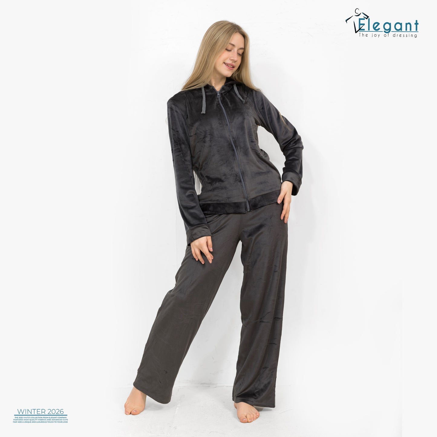 Velvet Zipper Wide Leg with Hood - Dark Grey