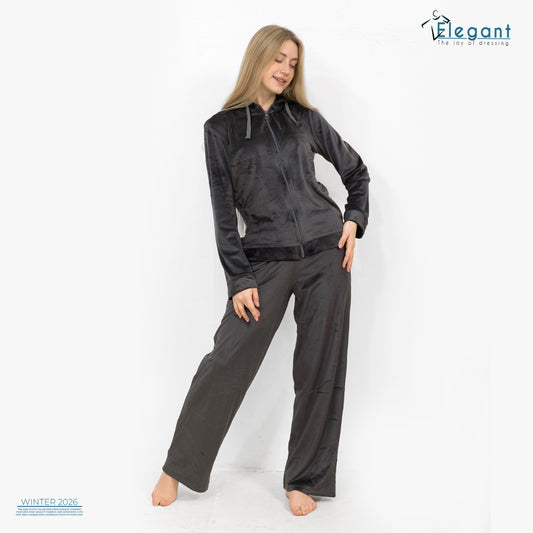 Velvet Zipper Wide Leg with Hood - Dark Grey