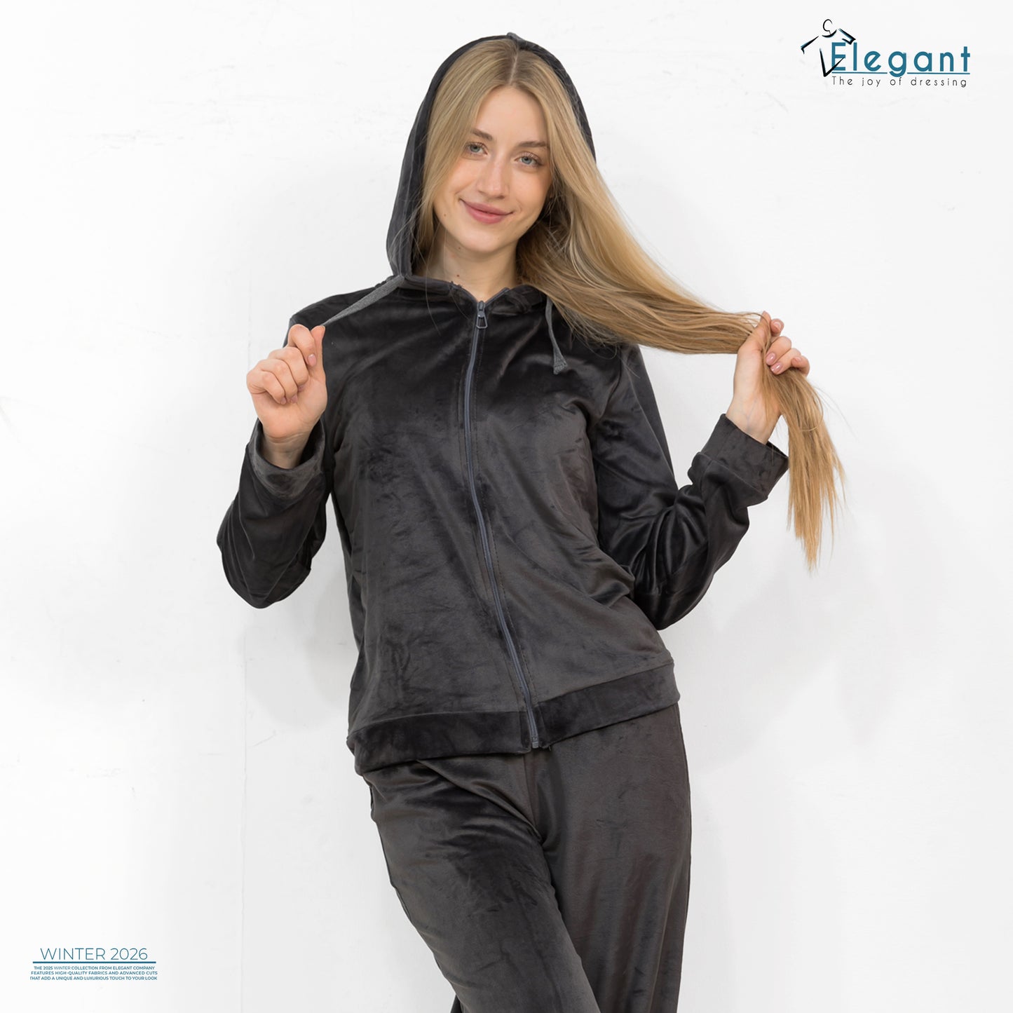 Velvet Zipper Wide Leg with Hood - Dark Grey