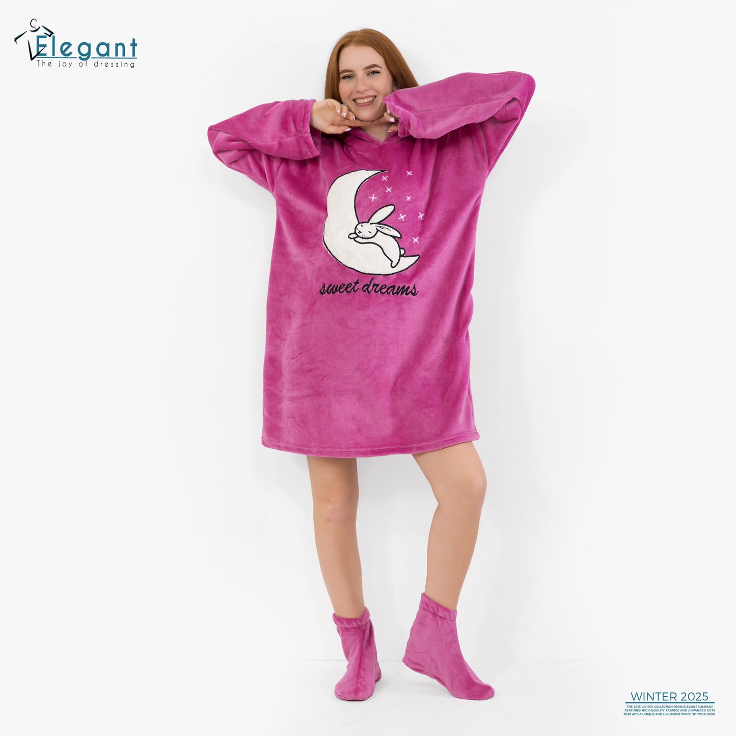Oversized Nightshirt with Footwear - Fushia Sweet Dreams