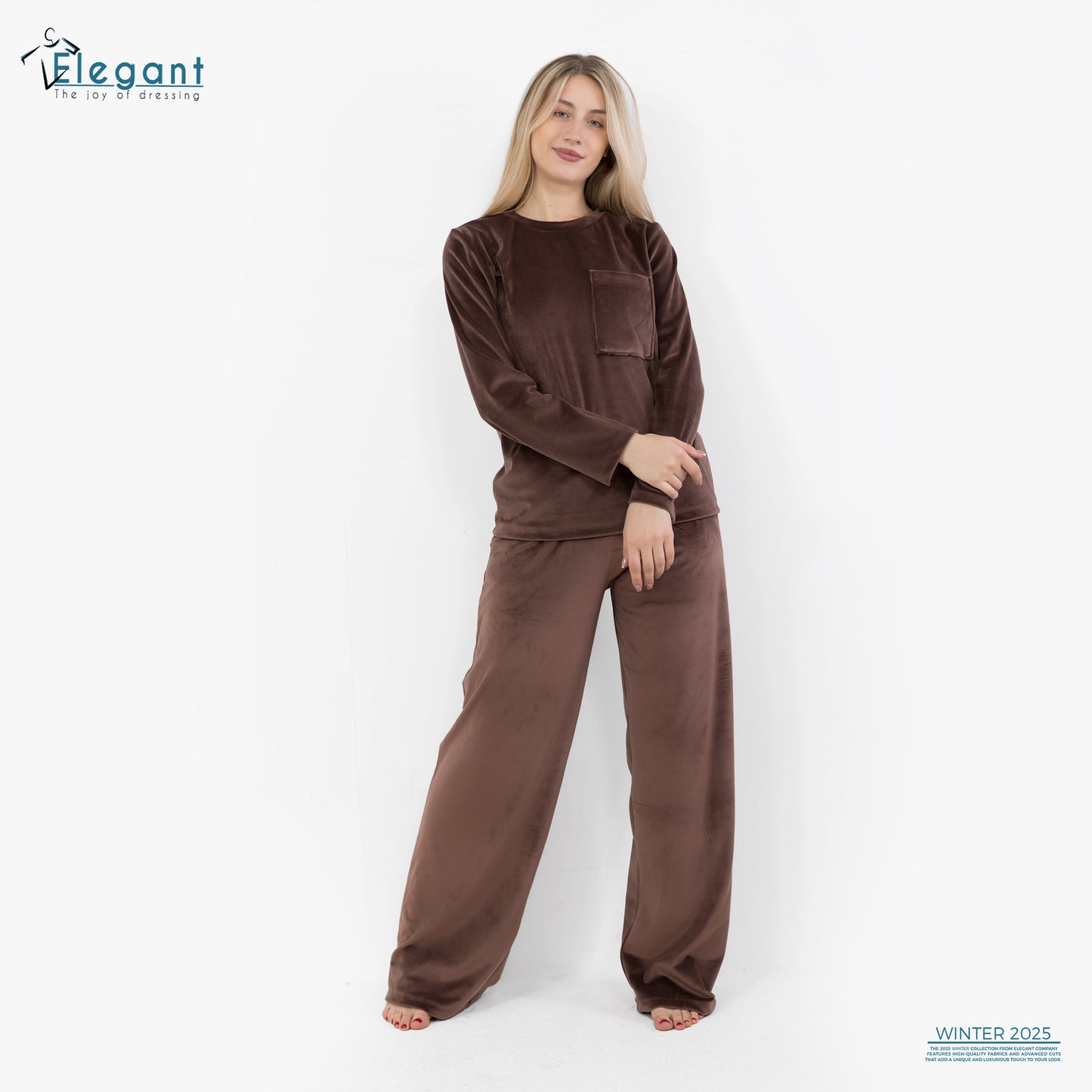 بيجامة مخملية بجيوب واسعة - بني