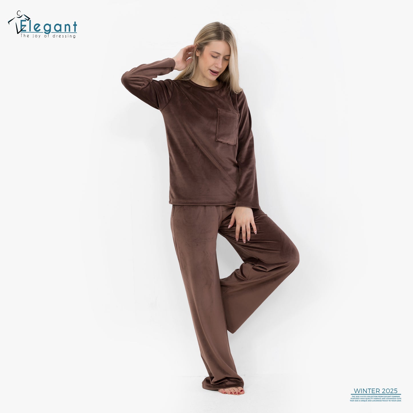 بيجامة مخملية بجيوب واسعة - بني