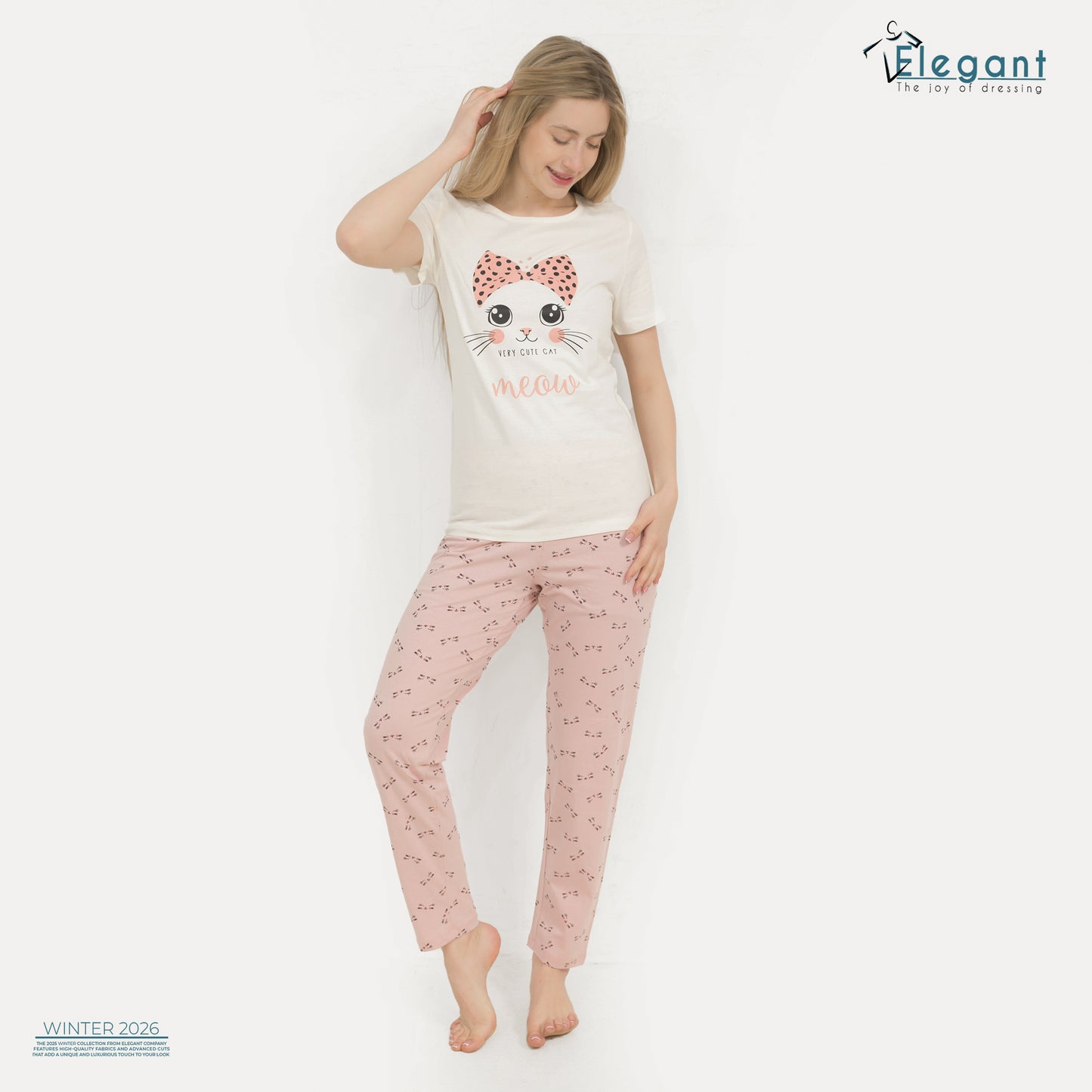 PJs Pants Cotton - Offwhite Rose - Cute Meow