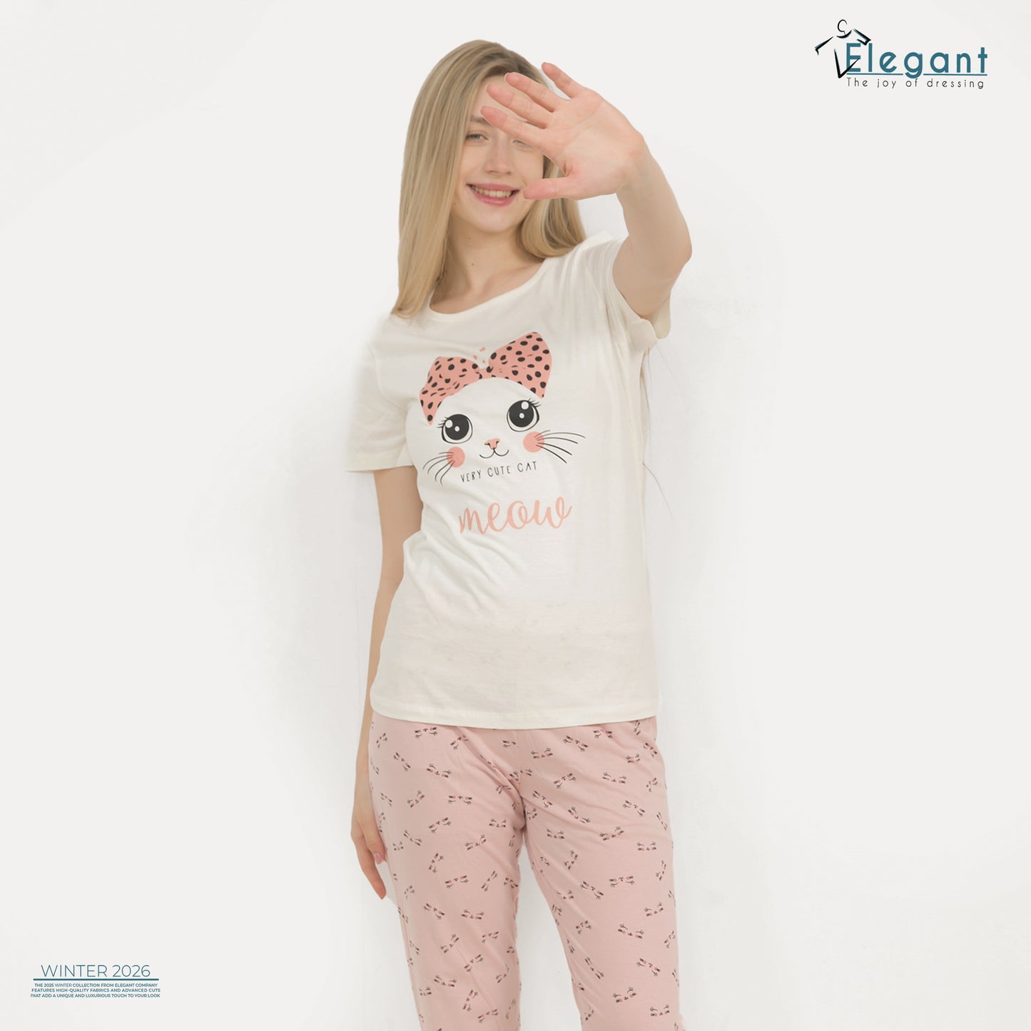 PJs Pants Cotton - Offwhite Rose - Cute Meow