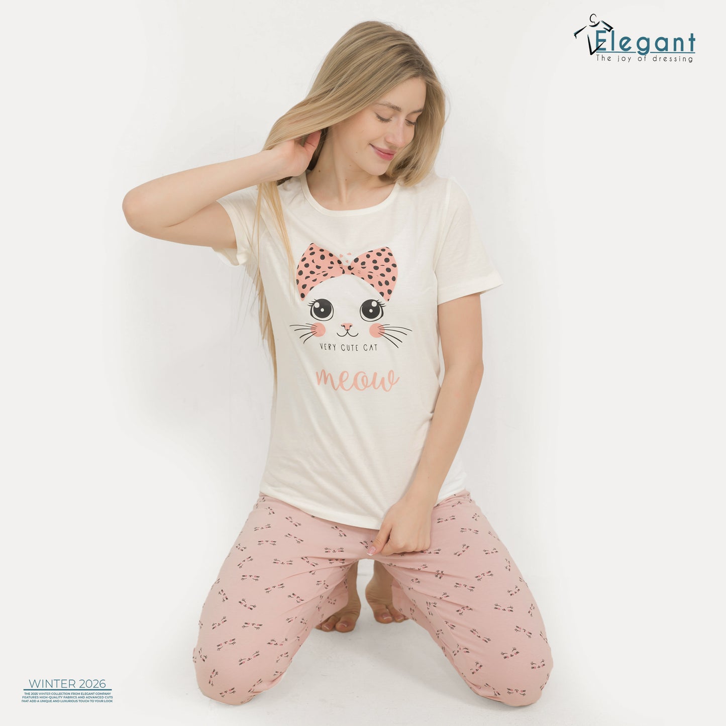 PJs Pants Cotton - Offwhite Rose - Cute Meow