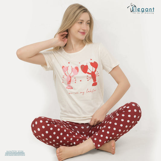 PJs Pants Cotton - Offwhite burgundy - you are my lobster