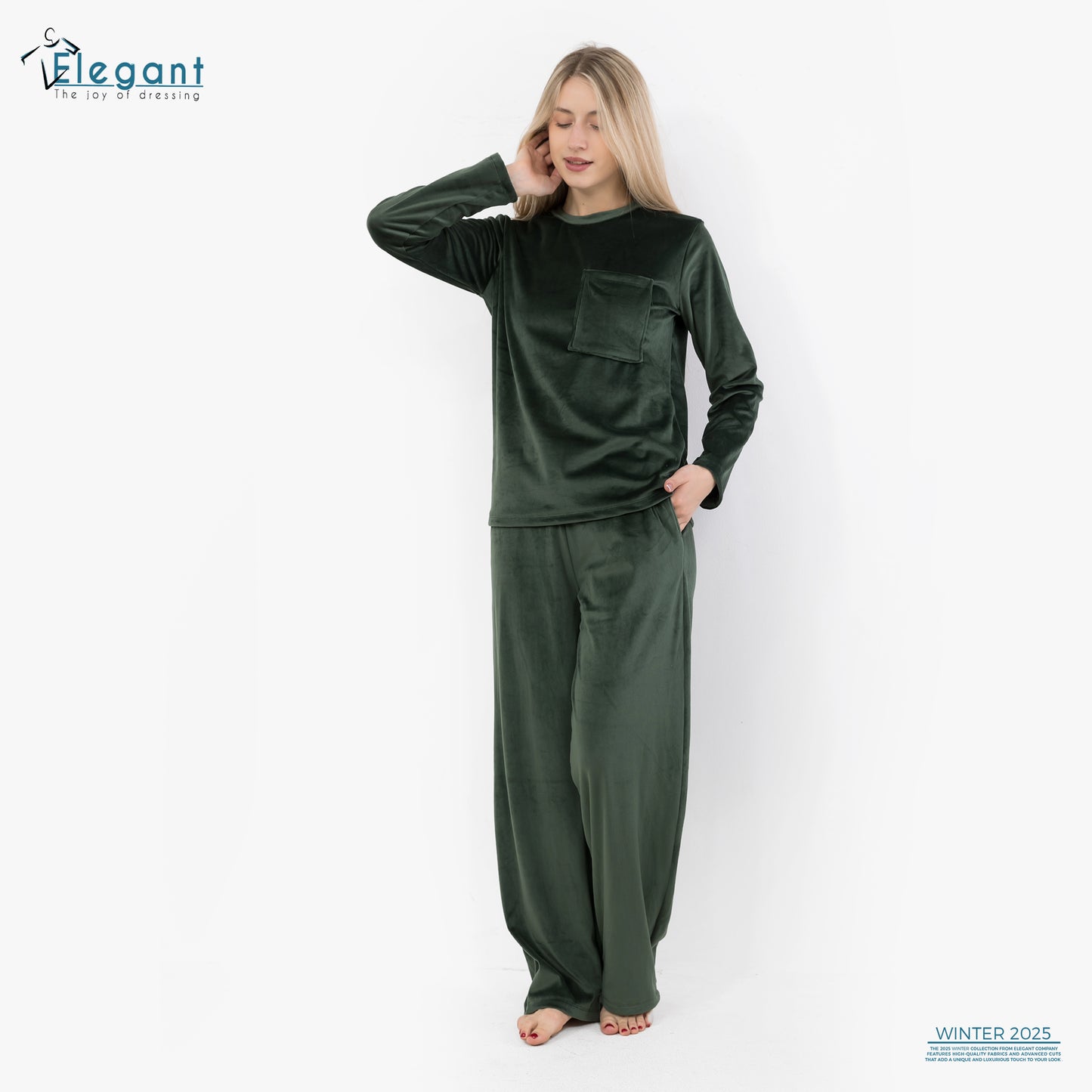 بيجامة مخملية بجيوب واسعة - أخضر زمردي