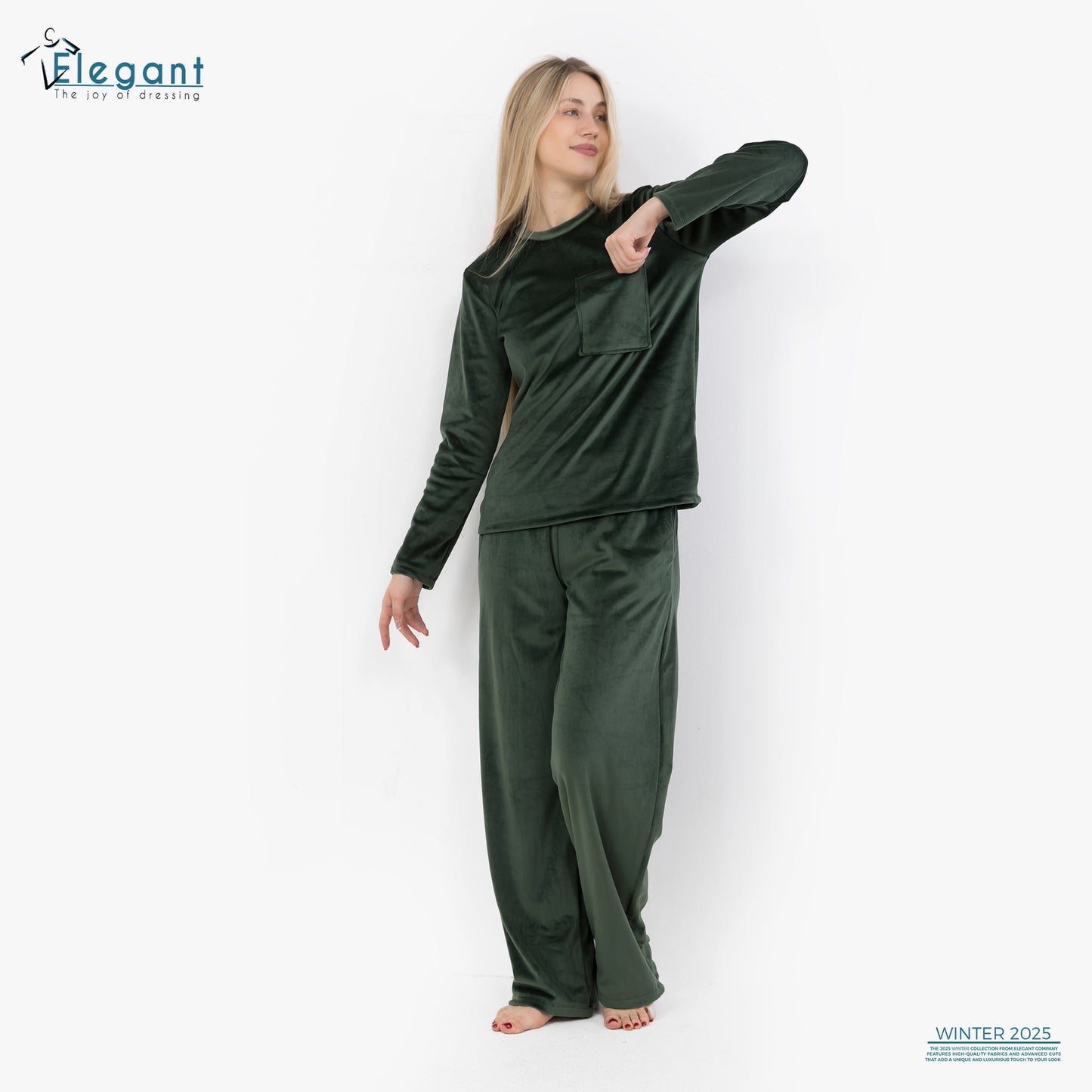 بيجامة مخملية بجيوب واسعة - أخضر زمردي