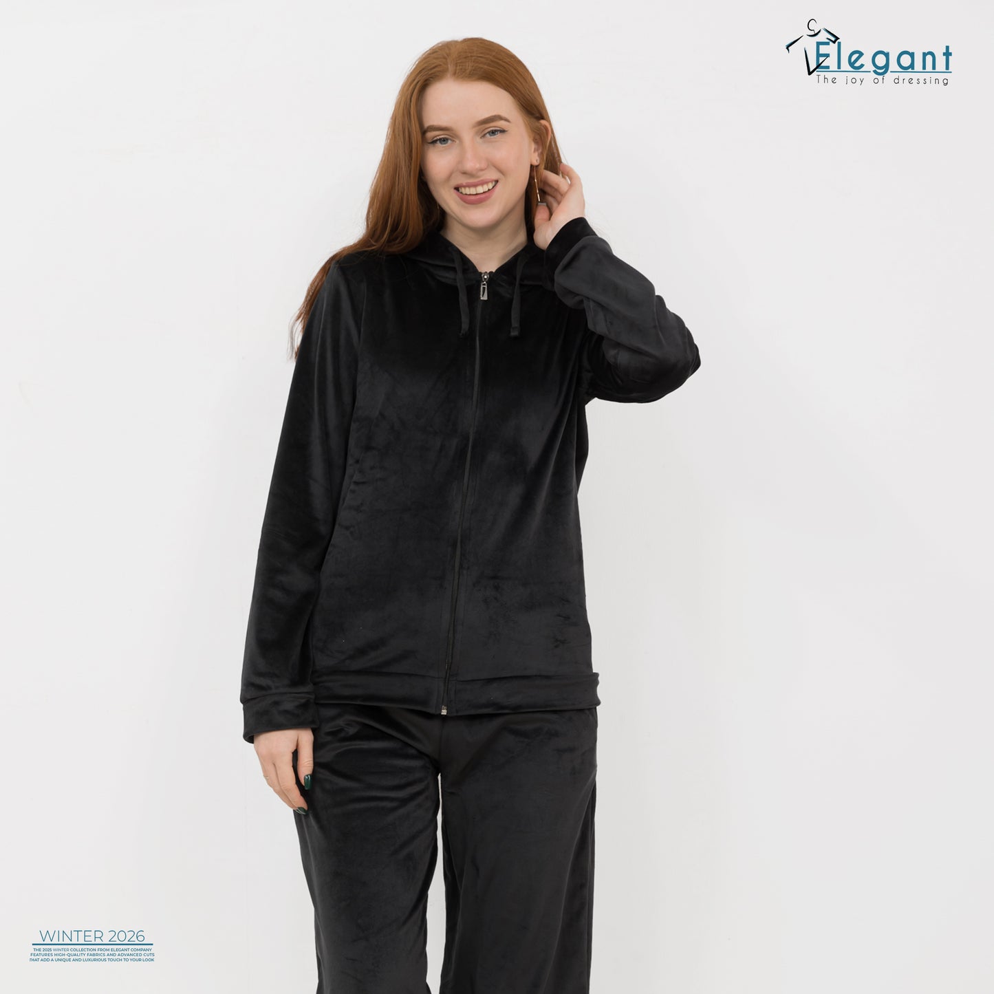 Velvet Zipper Wide Leg with Hood - Black