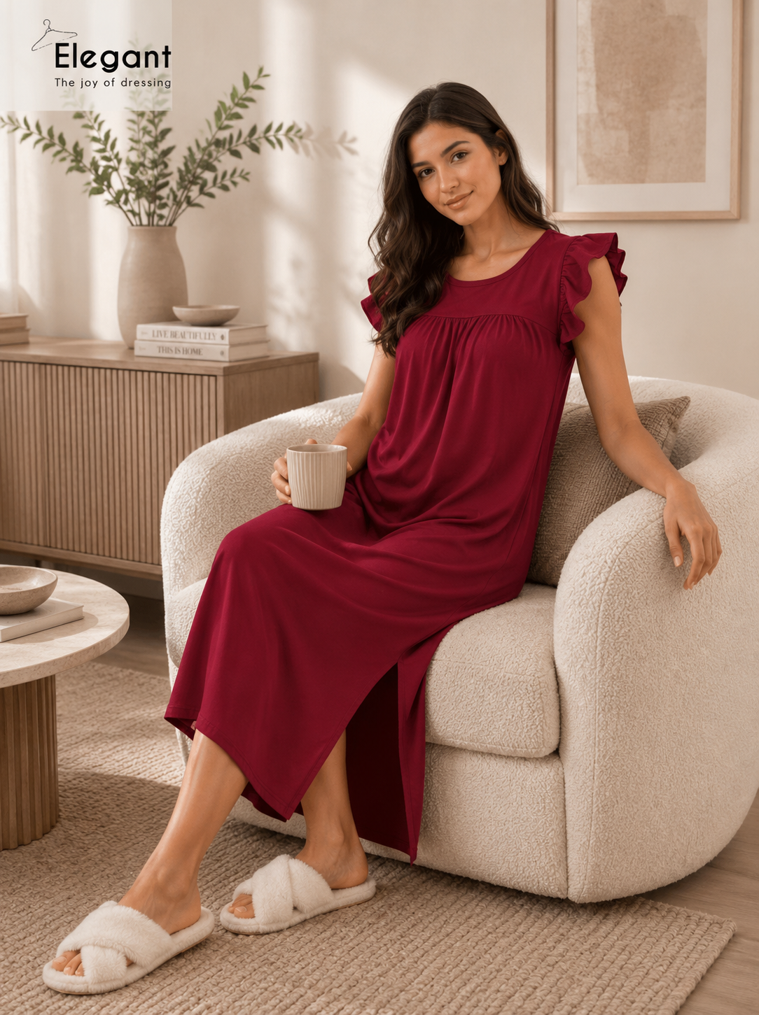 Modern Ruffles Galabeya - Plain Maroon