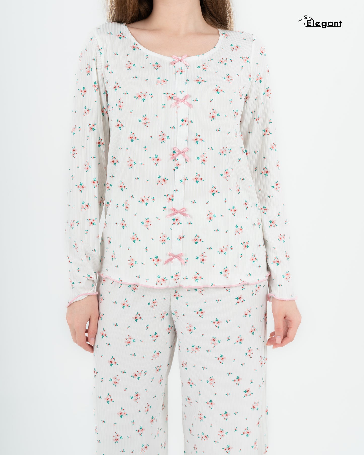 Ribbed Knot Front PJ LS Offwhite - pink Floral