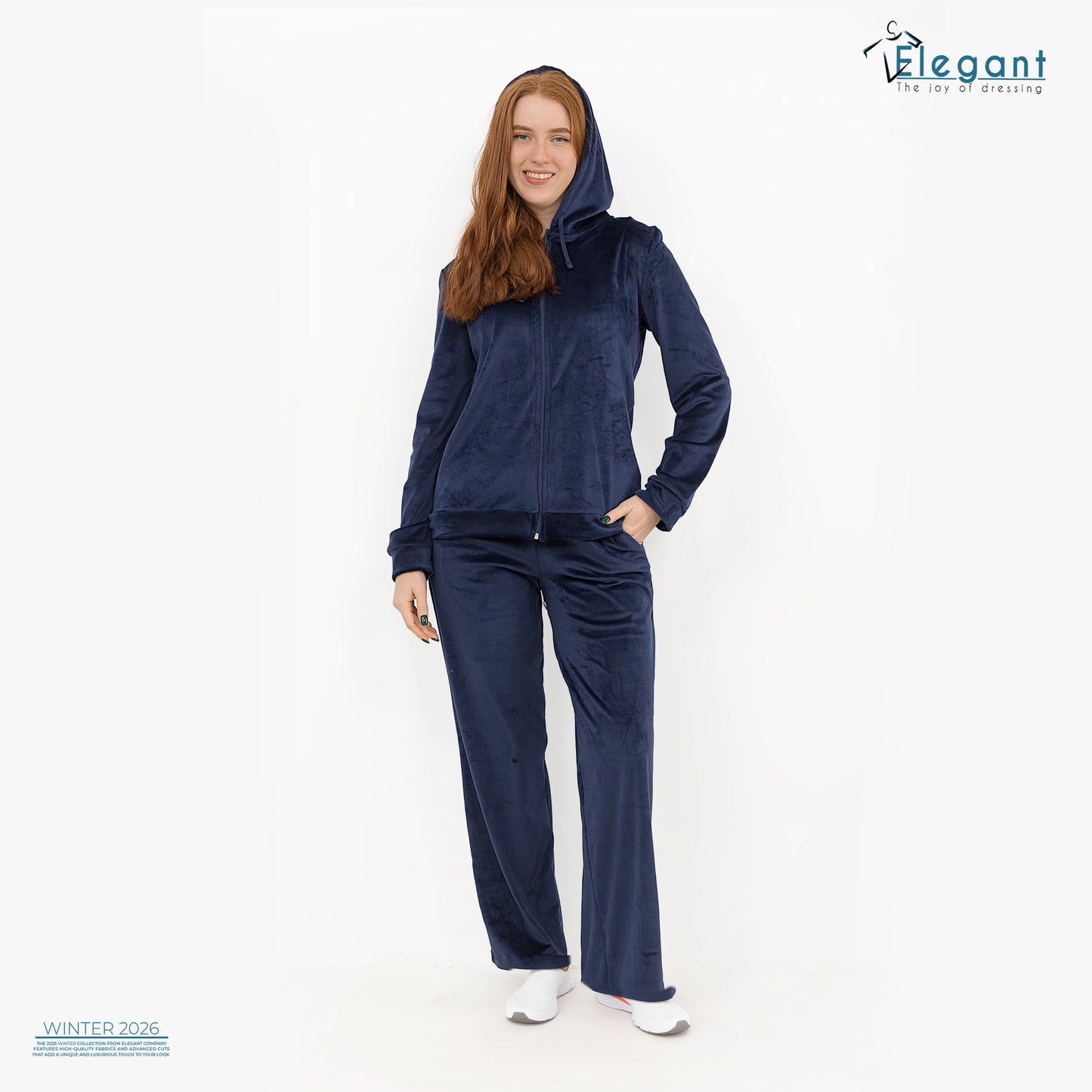 Velvet Zipper Wide Leg with Hood - Navy