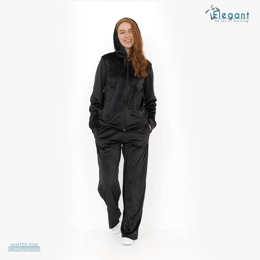 Velvet Zipper Wide Leg with Hood - Black