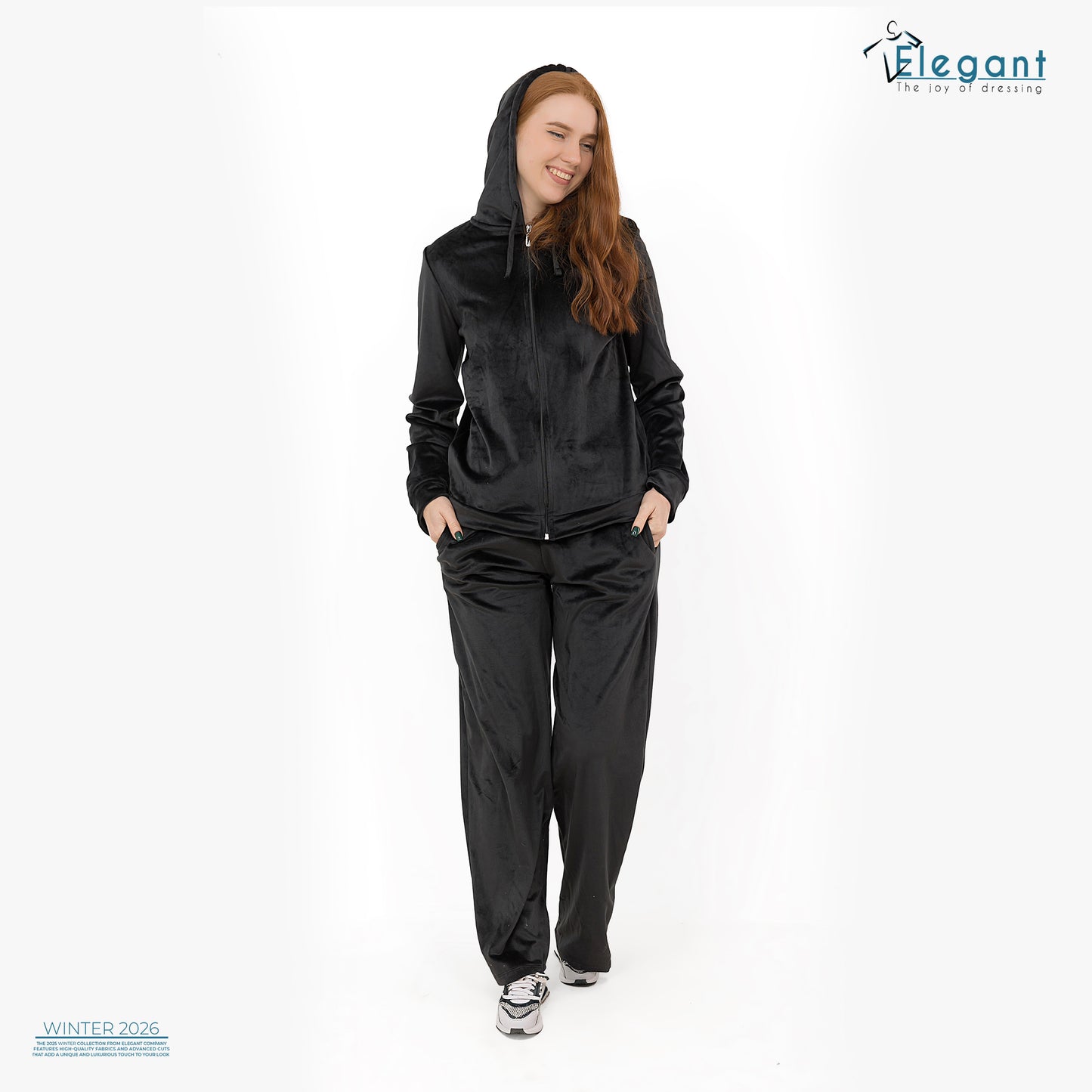 Velvet Zipper Wide Leg with Hood - Black