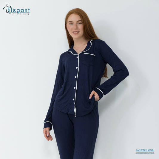 Soft Cotton Long sleeves Classic PJ Pants -Navy