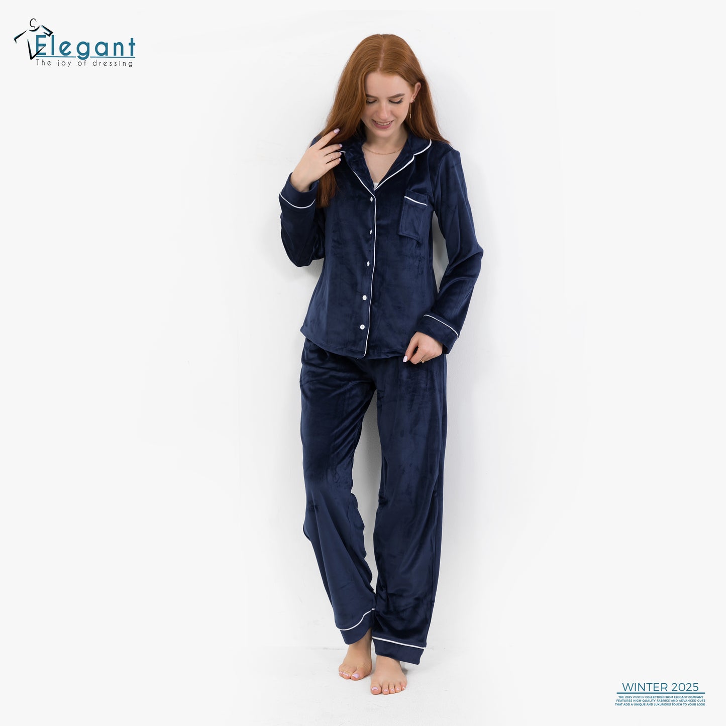 بيجامة كلاسيكية مخملية واسعة الساق - كحلي