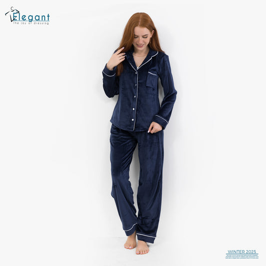 بيجامة كلاسيكية مخملية واسعة الساق - كحلي