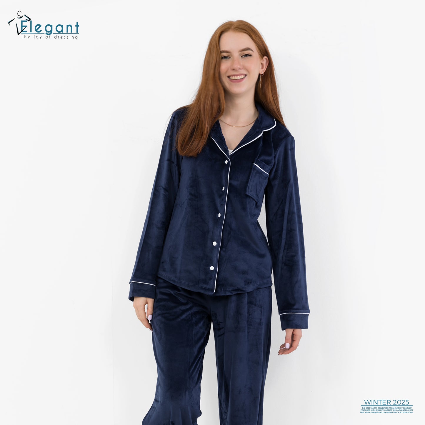 بيجامة كلاسيكية مخملية واسعة الساق - كحلي