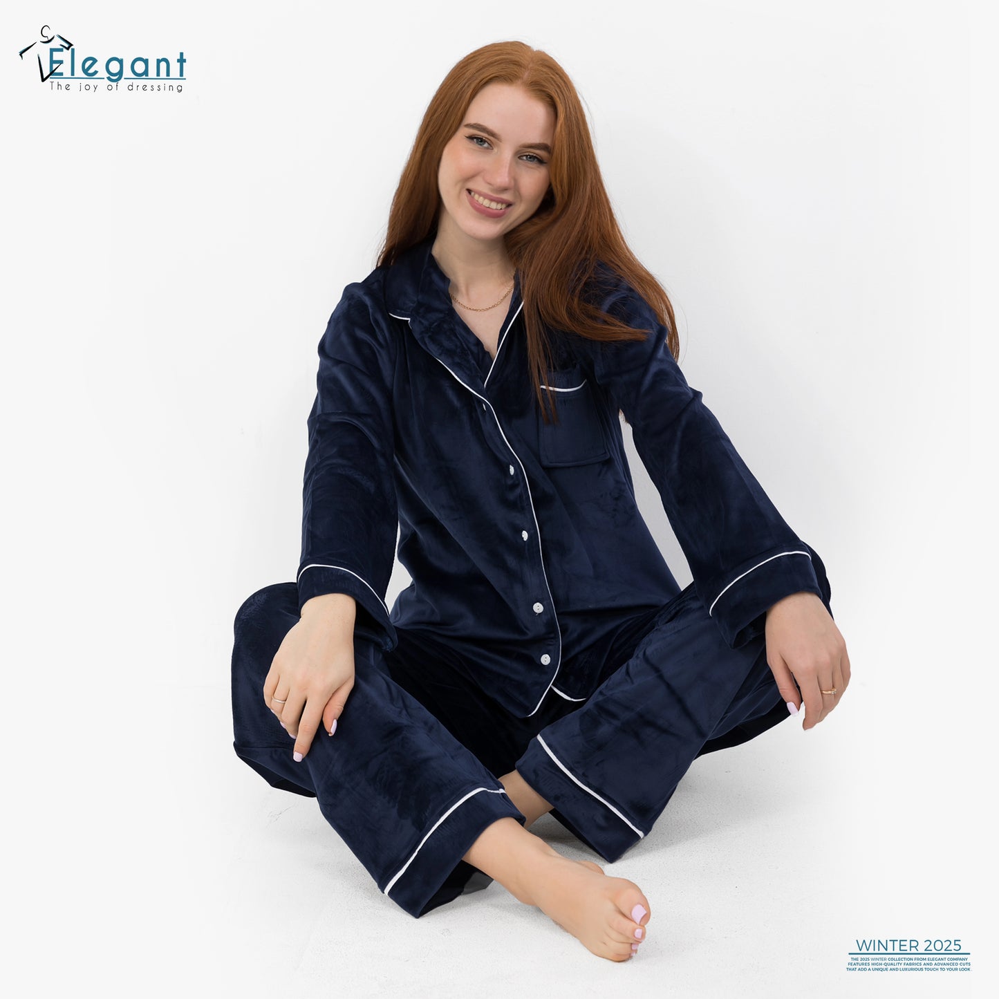 بيجامة كلاسيكية مخملية واسعة الساق - كحلي