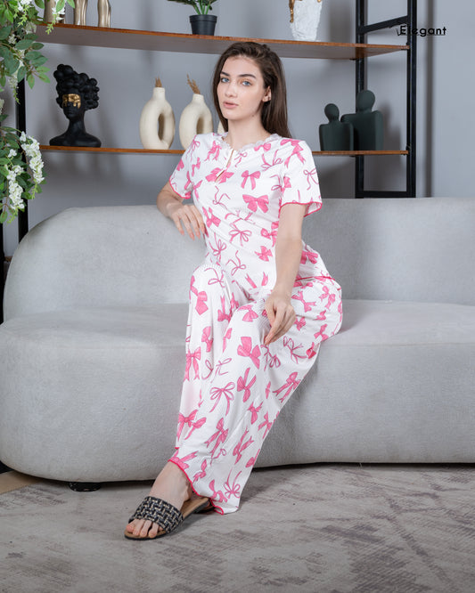 Ribbed V Neck PJ Offwhite - Bow