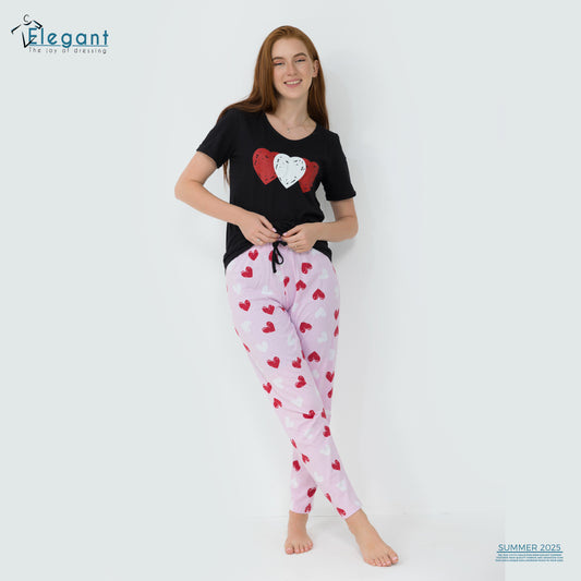 PJs Pants Cotton Black - Rose hearts