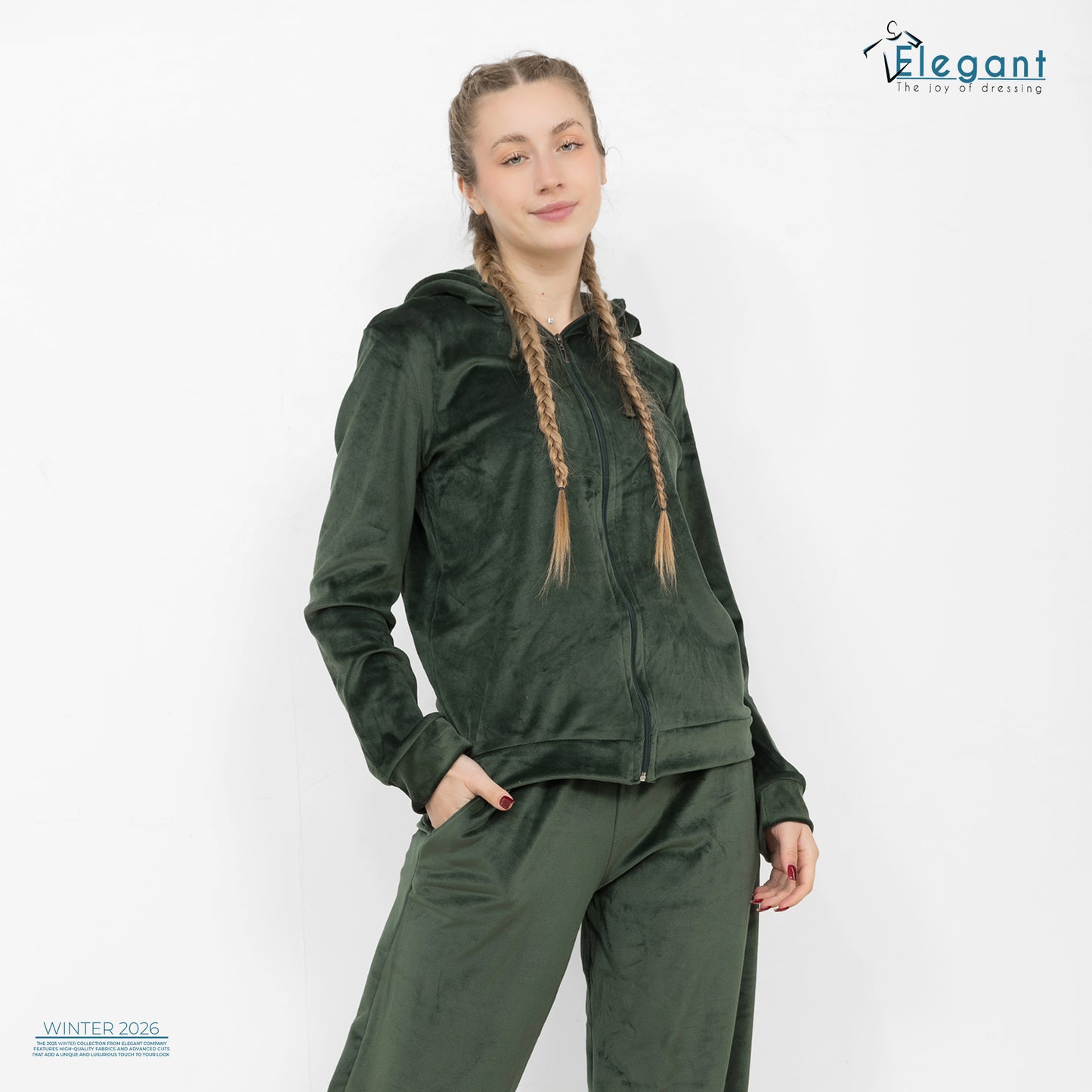 Velvet Zipper Wide Leg with hood - Emerald Green