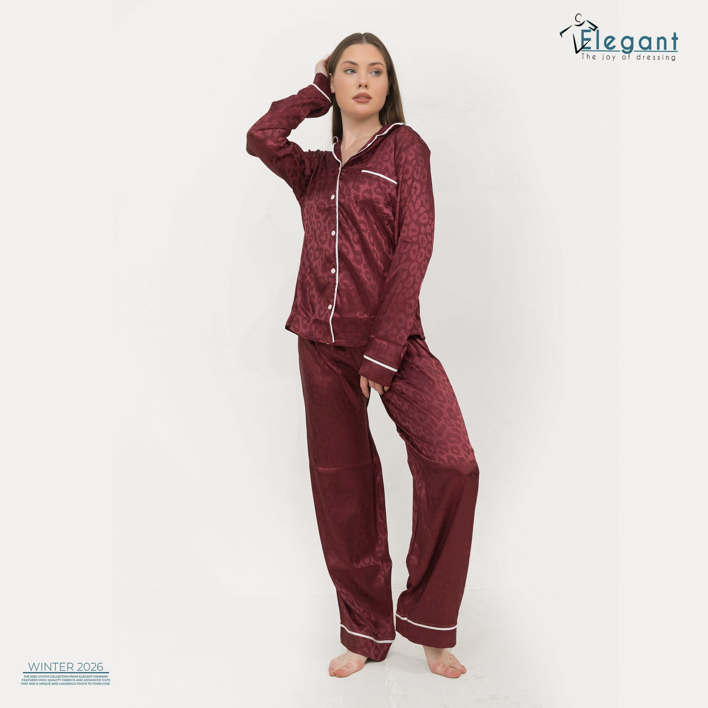 Satin Long sleeves Classic PJ Pants - Jacquard Burgundy