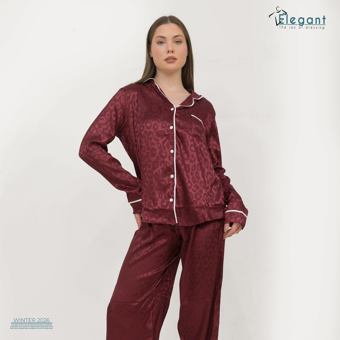 Satin Long sleeves Classic PJ Pants - Jacquard Burgundy
