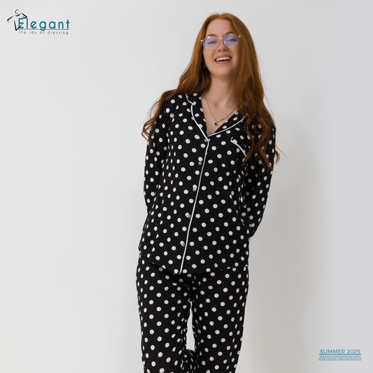 Cotton Long sleeves Classic PJ Pants - Black Polka Dots