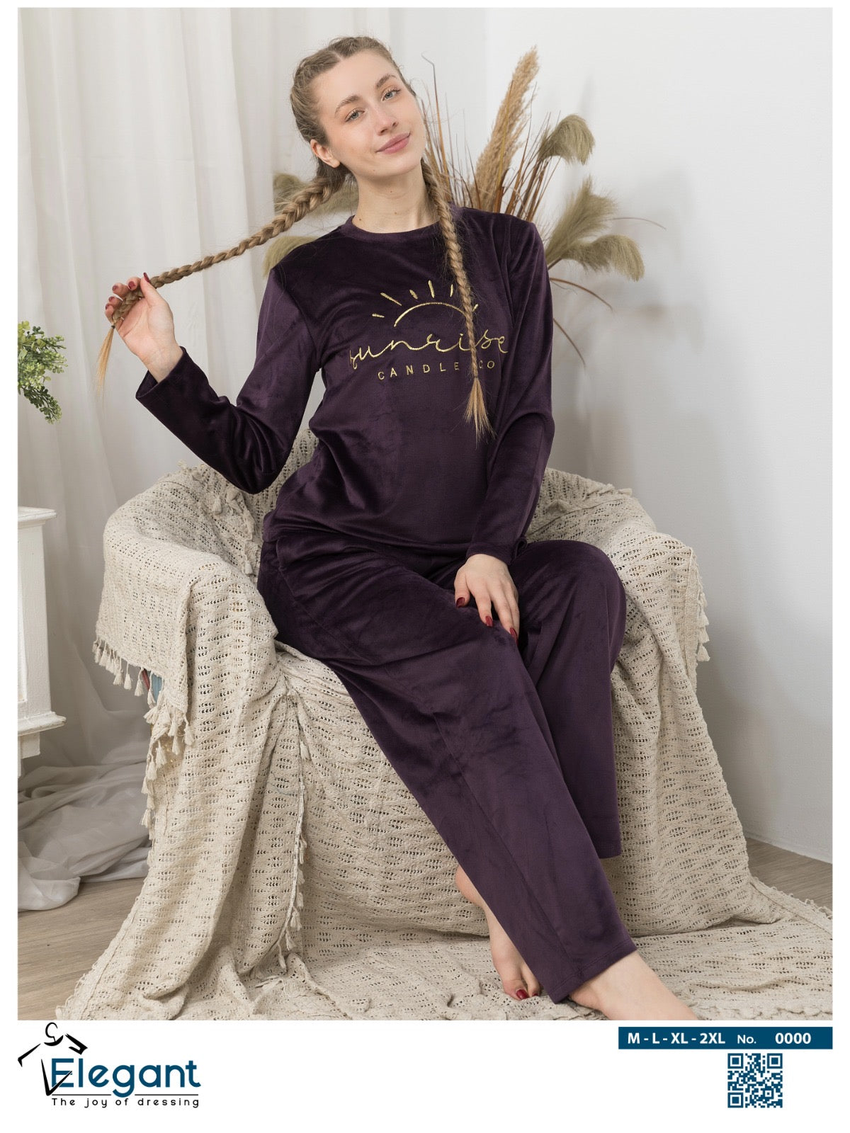 WIDE LEG Velvet Embroidery Pyjama - Purple-Sunrise