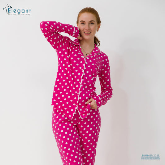 Cotton Long sleeves Classic PJ Pants - Fushia Polka Dots
