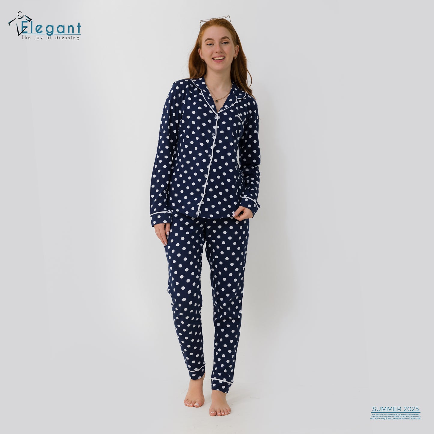 Cotton Long sleeves Classic PJ Pants - Navy Polka Dots