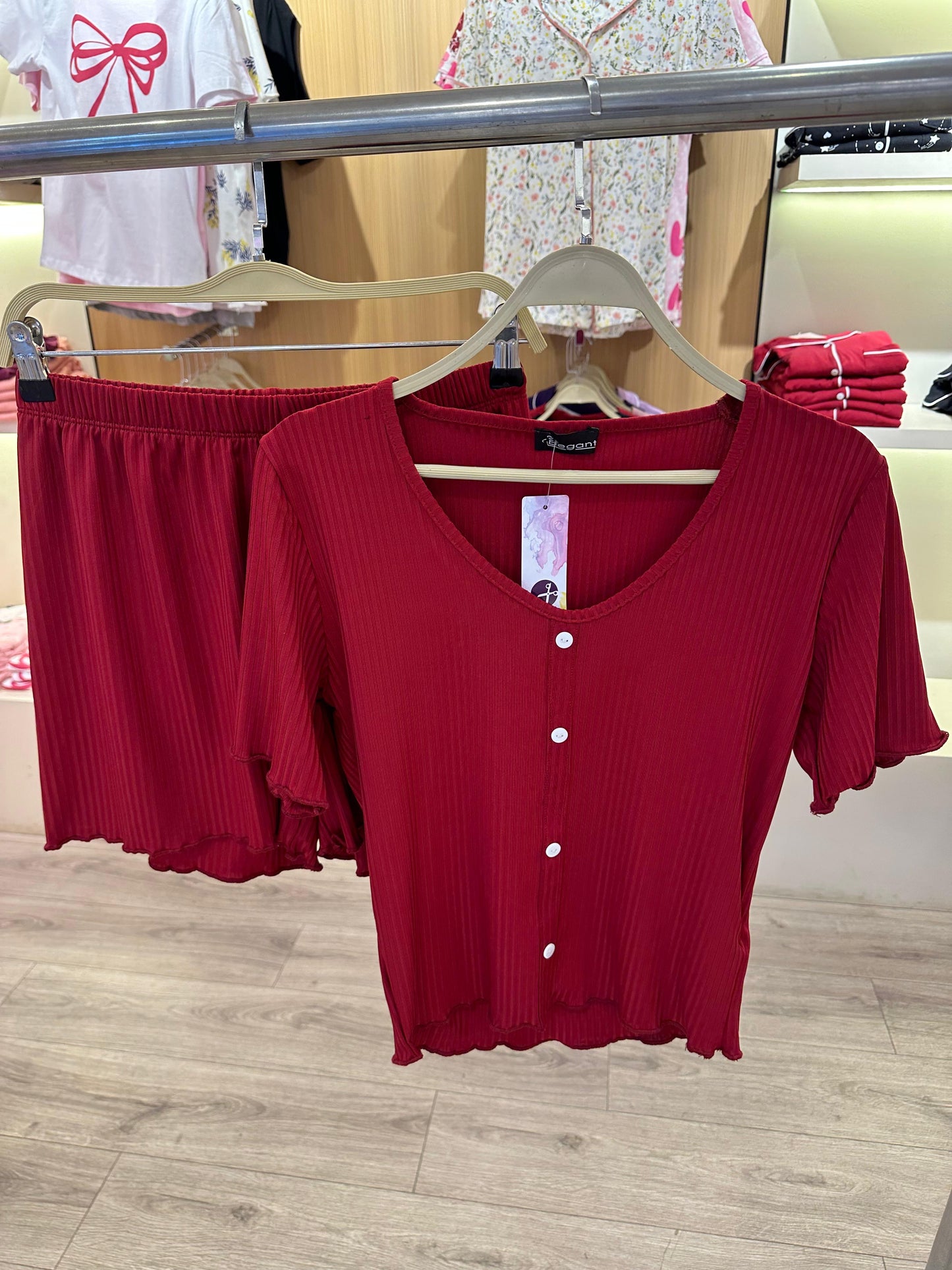 Ribbed PJ Shorts, Buttoned - Ruby Red