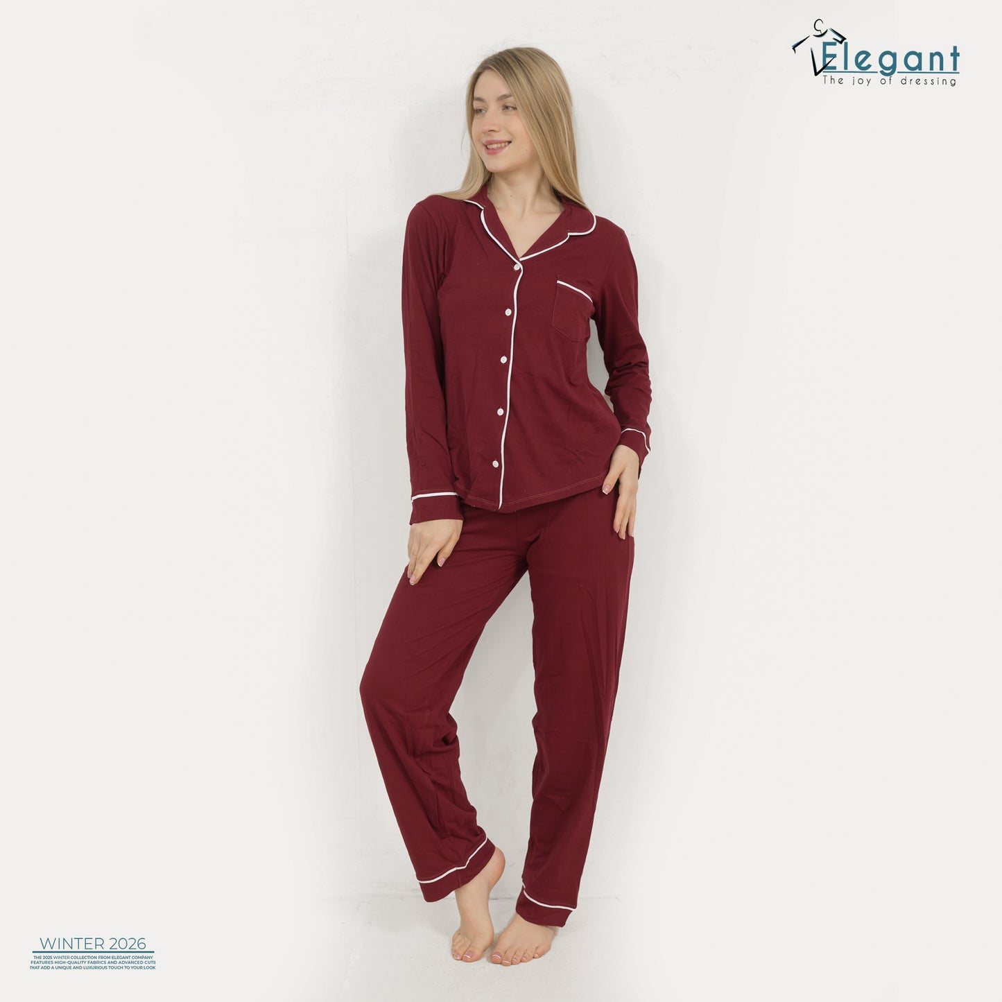 Cotton Long sleeves Wide Leg Classic PJ  - Maroon