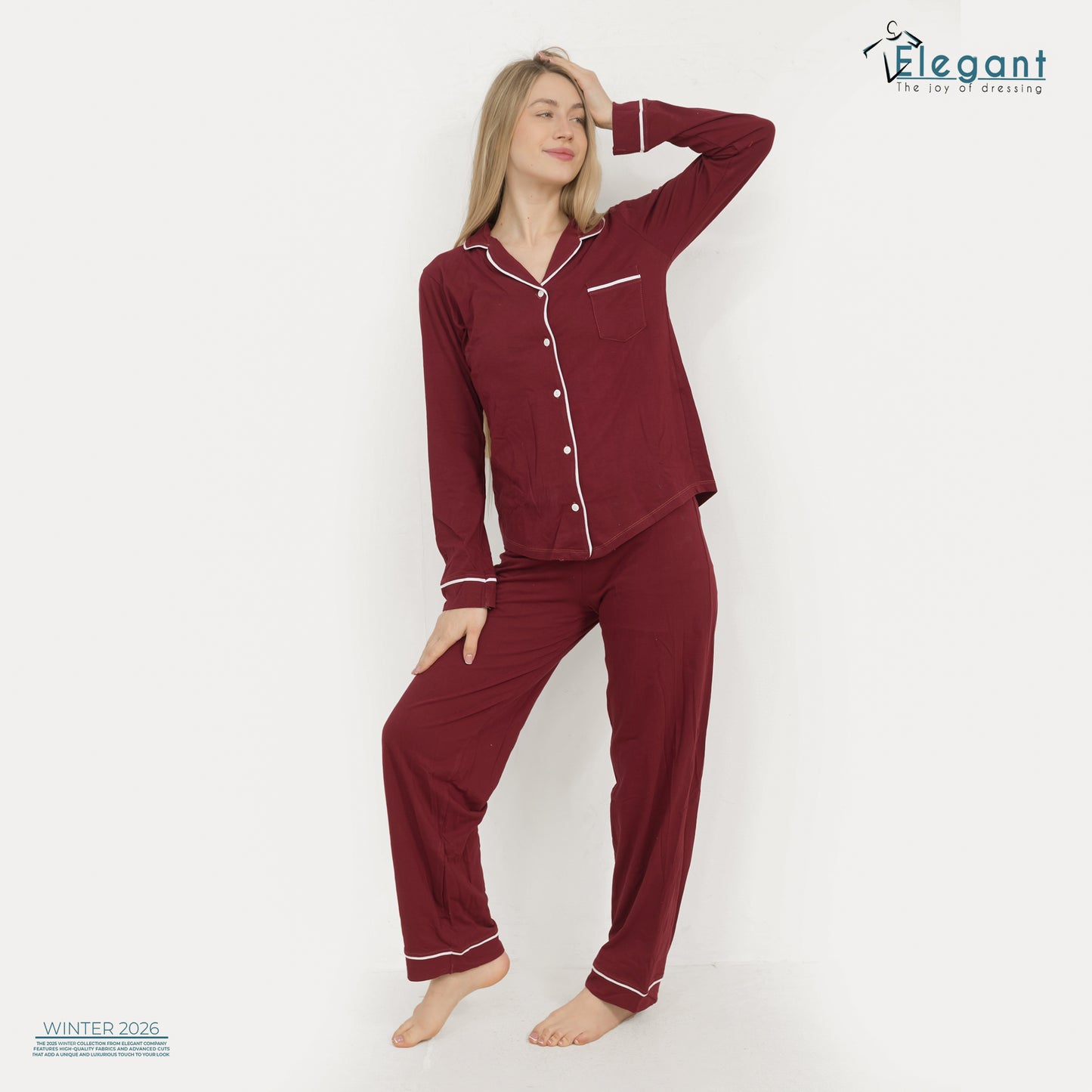 Cotton Long sleeves Wide Leg Classic PJ  - Maroon