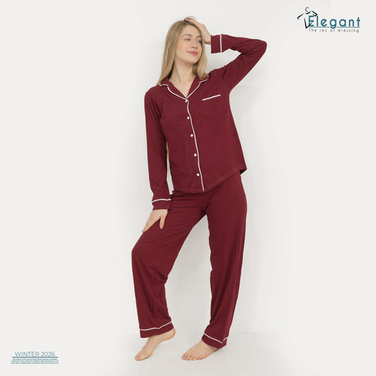 Cotton Long sleeves Wide Leg Classic PJ  - Maroon